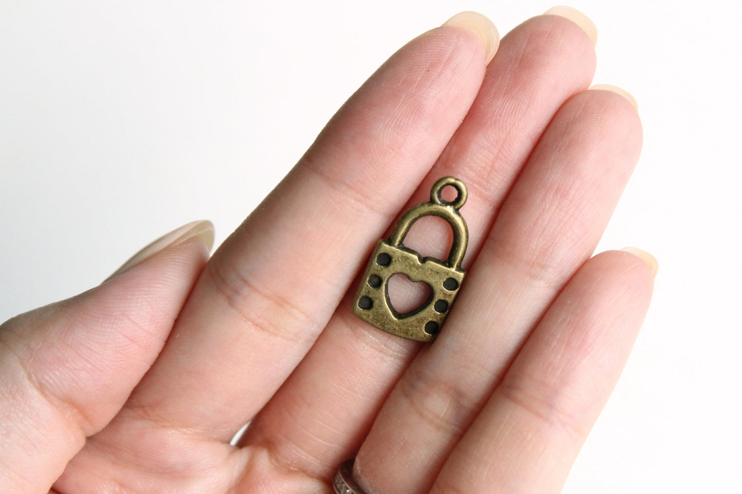 Charm - Lock with Heart Shape Key Hole, Antique Brass - KEY Handmade
 - 2