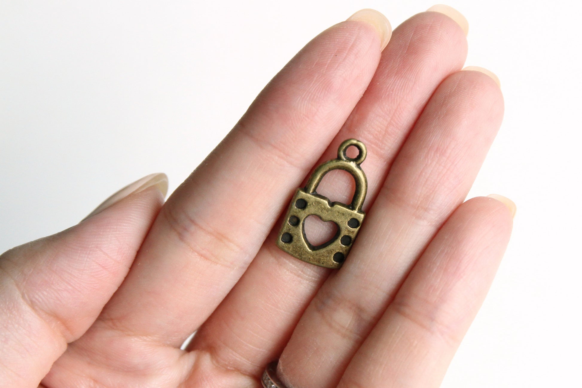 Charm - Lock with Heart Shape Key Hole, Antique Brass - KEY Handmade
 - 2