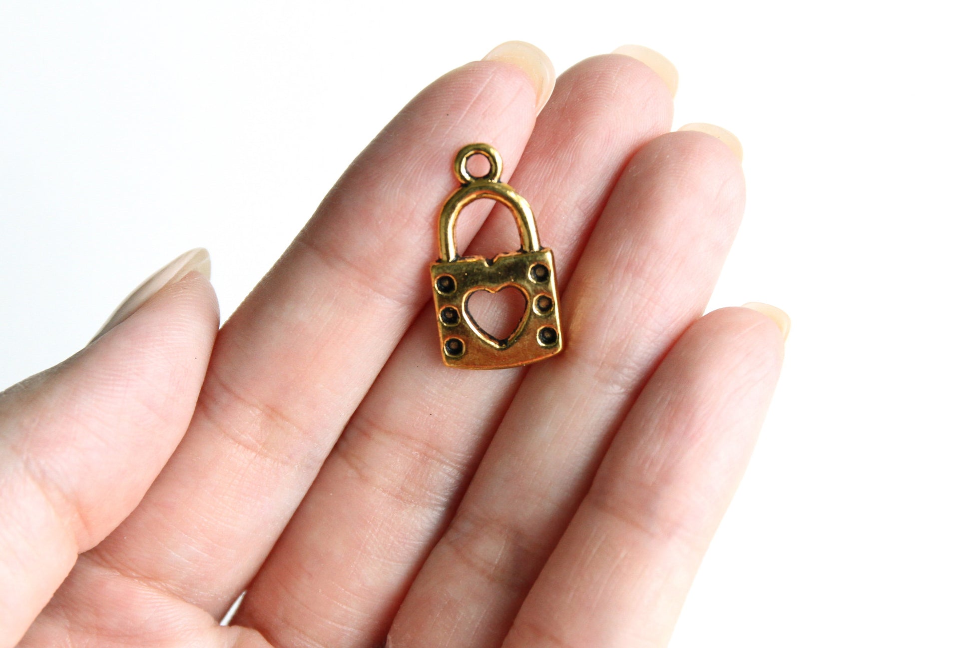 Charm - Lock with Heart Shape Key Hole, Antique Gold - KEY Handmade
 - 2